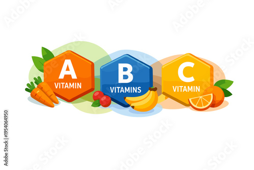 Tableau sur toile Vitamins A B C with fruits and vegetables illustration.