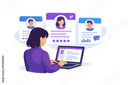 Woman reviews resumes on laptop for hiring candidates.