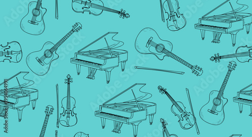 Musical Instruments Pattern of Pianos Guitars.