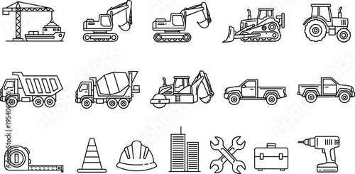 Vector collection of construction site icons including heavy machinery excavator bulldozer crane truck tractor and professional builder tools in thin line art style