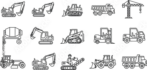 Vector collection of construction site icons including heavy machinery excavator bulldozer crane mixer truck dump truck forklift and loader in thin line style