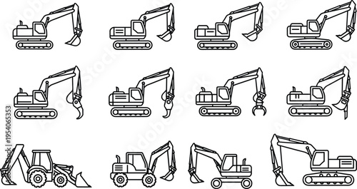 Vector collection of construction site icons including various traffic cones, warning signs, heavy excavators, dump trucks, jackhammers, shovels, and safety helmets for engineering