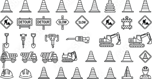 Vector collection of construction site safety icons including traffic cones road signs excavator dump truck jackhammer shovel and worker helmet in thin line style