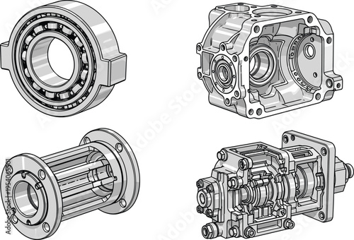Vector collection of industrial mechanical engine parts including ball bearing gearbox housing shaft and hydraulic pump illustrations for automotive and machinery engineering design