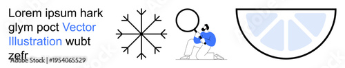 Weather patterns, creative design, inspection concepts, winter , food and beverages, analysis themes. Snowflake, magnifying glass citrus slice illustration. Weather and creative design ideas