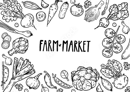 Farm market vegetables frame. Hand drawn vector illustration. Organic food. Food doodles Illustration for menu, packaging design. Simple sketch style.
