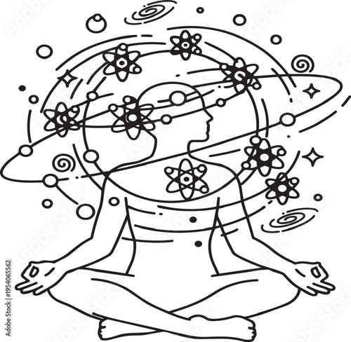 Mindful Exploration: A person meditates, surrounded by cosmic elements, symbolizing inner peace and connection with the universe.