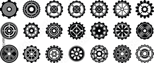 Vector collection of mechanical gear silhouettes including industrial engine wheels, technical cogwheels, machinery parts, and engineering hardware icons for manufacturing design and technology