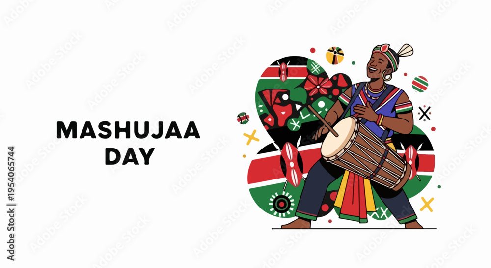 Fototapeta premium Kenyan musician playing traditional drum for Mashujaa Day celebration. Vibrant illustration depicts person in cultural attire, embodying national pride, joy for Mashujaa Day.