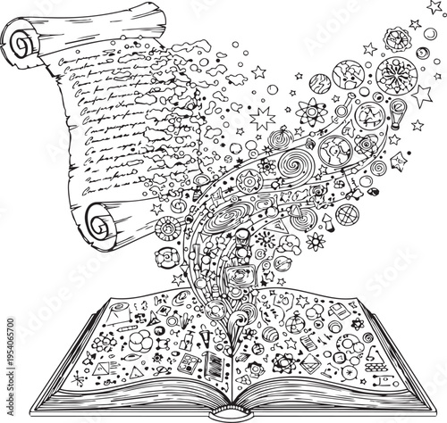 Unfolding Wisdom: A whimsical illustration showcases the unfolding of knowledge, with an open book as the source of swirling inspiration, accompanied by a flowing scroll.