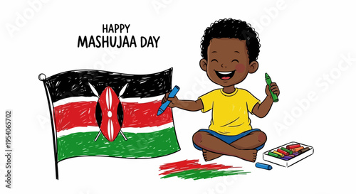 Child drawing Kenyan flag, celebrating Mashujaa Day with national pride. Illustration depicts cultural identity, honoring heroes on Mashujaa Day. Artwork for educational content, social media,