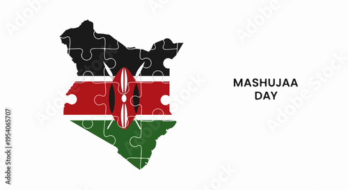 Kenya map puzzle displays flag for Mashujaa Day. Pieces show black, red, green stripes, shield, spears, embodying Mashujaa Day pride. Concept Mashujaa Day for patriotic events, cultural identity,