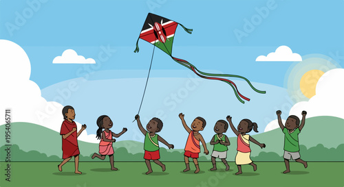 African children flying kite with national flag design in sunny outdoor landscape. Group of children flying kite, enjoying playtime on grassy field under blue sky, embodying freedom.