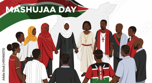 Diverse group commemorates Mashujaa Day, holding hands in circle with Kenyan flag. This Mashujaa Day image shows national identity, cultural diversity. Concept Mashujaa Day for education, community,