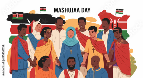 Diverse community celebrates Mashujaa Day, showing unity and national pride, Kenya map background. People from various groups hold hands, representing harmonious Mashujaa Day.