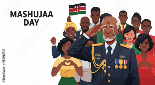 Mashujaa Day celebration showing diverse group of Kenyan people honoring nation. Mashujaa Day features flag waving, elder in uniform saluting, symbolizing national freedom.