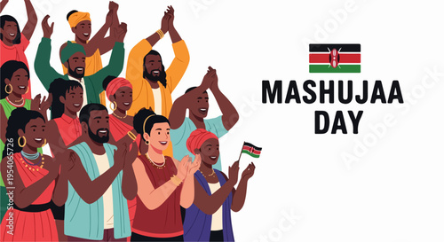 Celebrating Mashujaa Day with people clapping and waving Kenyan flag. Enthusiastic crowd displays national unity, pride for Mashujaa Day commemoration. Concept Mashujaa Day for cultural events,