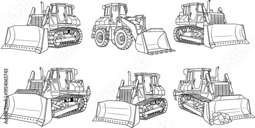 Vector line art illustration of heavy industrial bulldozer and front end loader machinery set for construction earth moving and engineering site design
