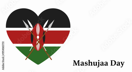 Heart shaped Mashujaa Day symbol with national flag colors and traditional shield. Mashujaa Day commemorates national heroes and cultural pride, celebrating resilience.