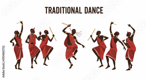 Diverse group performing traditional dance, wearing red attire with staffs. Energetic traditional dance depicts cultural heritage and rhythmic movement.