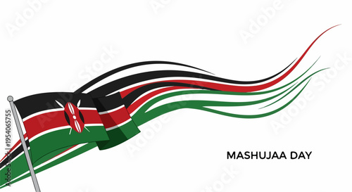Waving Kenyan flag graphic for Mashujaa Day. National banner art shows red, black, green stripes, honoring Mashujaa Day. Concept for national pride, cultural heritage,