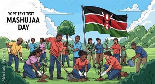 Mashujaa Day celebration with people planting trees and Kenyan flag, vector illustration for national holiday. Community service on Mashujaa Day with green trees and Kenyan flag waving.