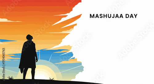 Mashujaa Day celebration with silhouette of person standing against vibrant orange and blue sky. Mashujaa Day honors heroes, featuring inspiring sunrise over landscape.
