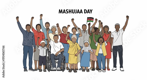 Diverse community celebrating Mashujaa Day, people with raised fists and joyful expressions. Group of men, women, children, including person with disability, gather for Mashujaa Day,