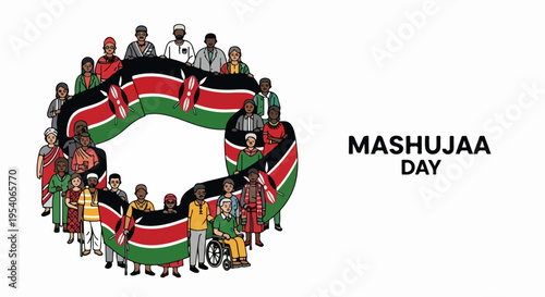 Diverse people gather celebrating Mashujaa Day, forming circle around ribbon with Kenyan flag colors. Group features men, women, children, and elderly,