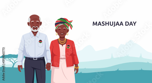 Elderly Kenyan couple celebrating Mashujaa Day, dressed in traditional attire, patriotic emblems. Illustration depicts African heroes embodying national pride, cultural heritage for Mashujaa Day.