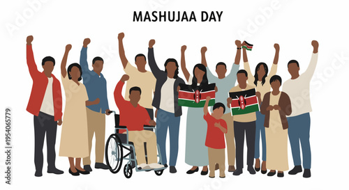 Diverse people celebrating Mashujaa Day with raised fists. Unified community holds Kenyan flags, expressing patriotism and national pride for Mashujaa Day.