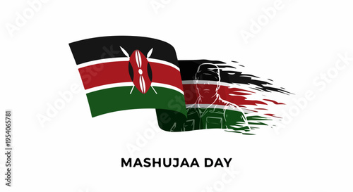 Waving Kenyan flag for Mashujaa Day celebration, symbolizing national pride. Dynamic brush stroke flag design represents vibrant spirit of Mashujaa Day, honoring heroes.