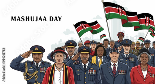 Mashujaa Day celebration shows diverse crowd in uniforms saluting, national flags displayed. Commemorating Mashujaa Day honors heroes, independence. Concept Mashujaa Day for patriotic events,