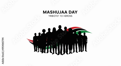 Mashujaa Day tribute to heroes, silhouettes of diverse people with Kenyan flag colors, symbolizing national pride and unity.