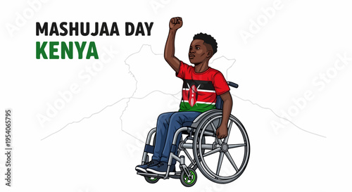 Mashujaa Day graphic features person in wheelchair raising fist. Disabled person wears Kenyan flag shirt, symbolizing national pride on Mashujaa Day. Illustration embodies spirit Mashujaa Day,
