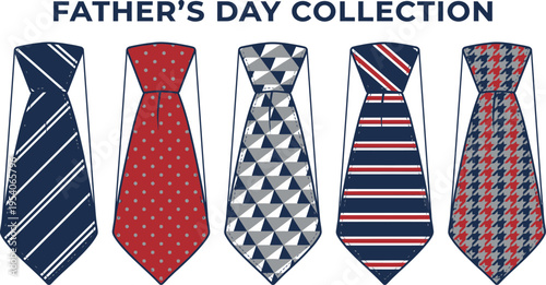 Five distinct men's neckties featuring stripes and geometric patterns are displayed for a Father's Day collection.