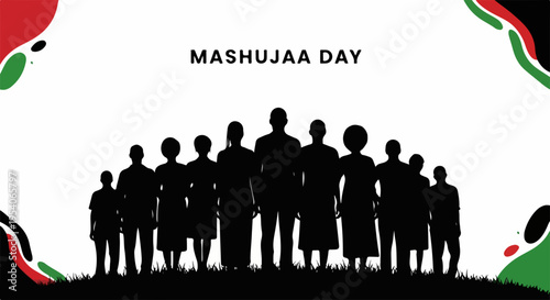 Mashujaa Day banner featuring diverse people silhouettes united against white background with red, black, green accents. Mashujaa Day celebrates national heroes, embodying collective spirit and pride.