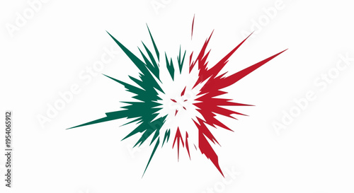 Dynamic color burst graphic with green and red jagged spikes radiating from center. Abstract color burst design portrays energetic movement and powerful impact.