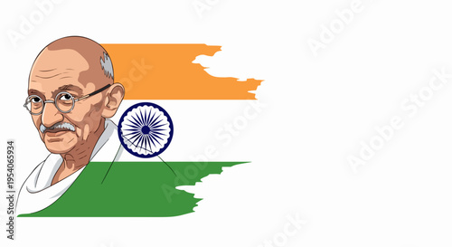 Illustration depicting Mahatma Gandhi portrait with stylized Indian flag backdrop. Mahatma Gandhi recognized for his role in Indian independence movement, symbolizing peace and nonviolence.