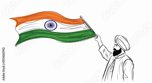 Waving Indian flag held high by man wearing turban, celebrating national pride. Indian flag represents patriotism, freedom, and unity among diverse population.