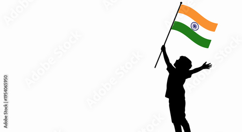Child silhouette holding Indian flag on white background, representing national pride. Person celebrates national spirit with Indian flag, symbolizing freedom and unity.