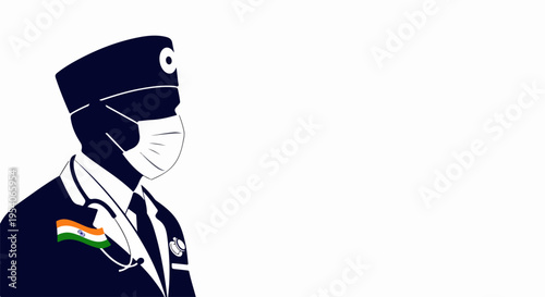 Indian doctor wearing medical mask, uniform, stethoscope. Dedicated Indian doctor silhouette represents healthcare heroes, national service, commitment. Concept Indian doctor for public awareness,