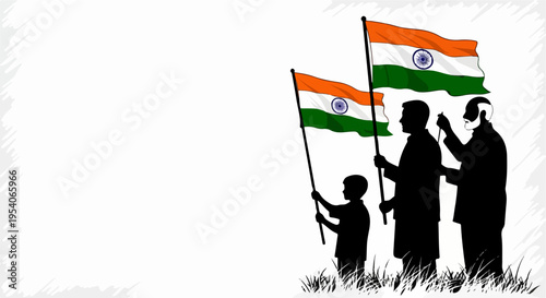 Silhouettes of multi generational people engaging in Indian flag celebration, proudly waving national flags with unity. Indian flag celebration symbolizes patriotism, national pride, and freedom.