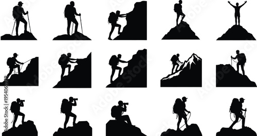Hiker silhouette, climbing mountain, mountaineer reaching summit, outdoor adventure, rock climber, hiking trekking, peak exploration, nature travel, climbing silhouettes