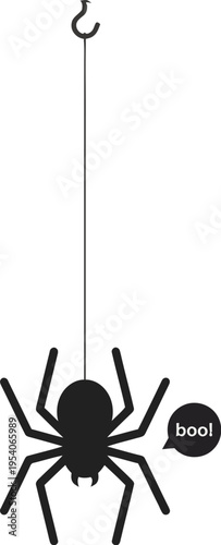 A black cartoon spider hangs from a string with a small speech bubble saying boo to create a scary effect.