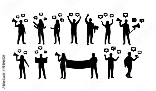 Digital activism silhouette set with people holding megaphones, banners, and social media icons vector