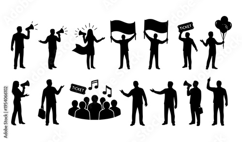 Event announcement silhouette set with people holding megaphones, banners, and community event icons vector