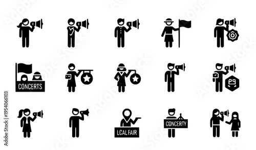 Event announcement icon pack with people holding megaphones and promoting concerts, fairs, and community events in black silhouette vector