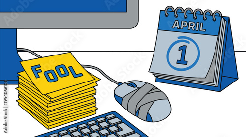 Computer mouse taped down and sticky notes labeled 'Fool' sit next to a desk calendar showing April 1st.