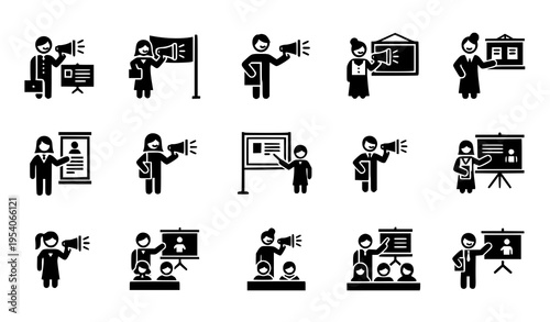 School activity and announcement icon pack with teachers and students holding megaphones and banners in black silhouette vector